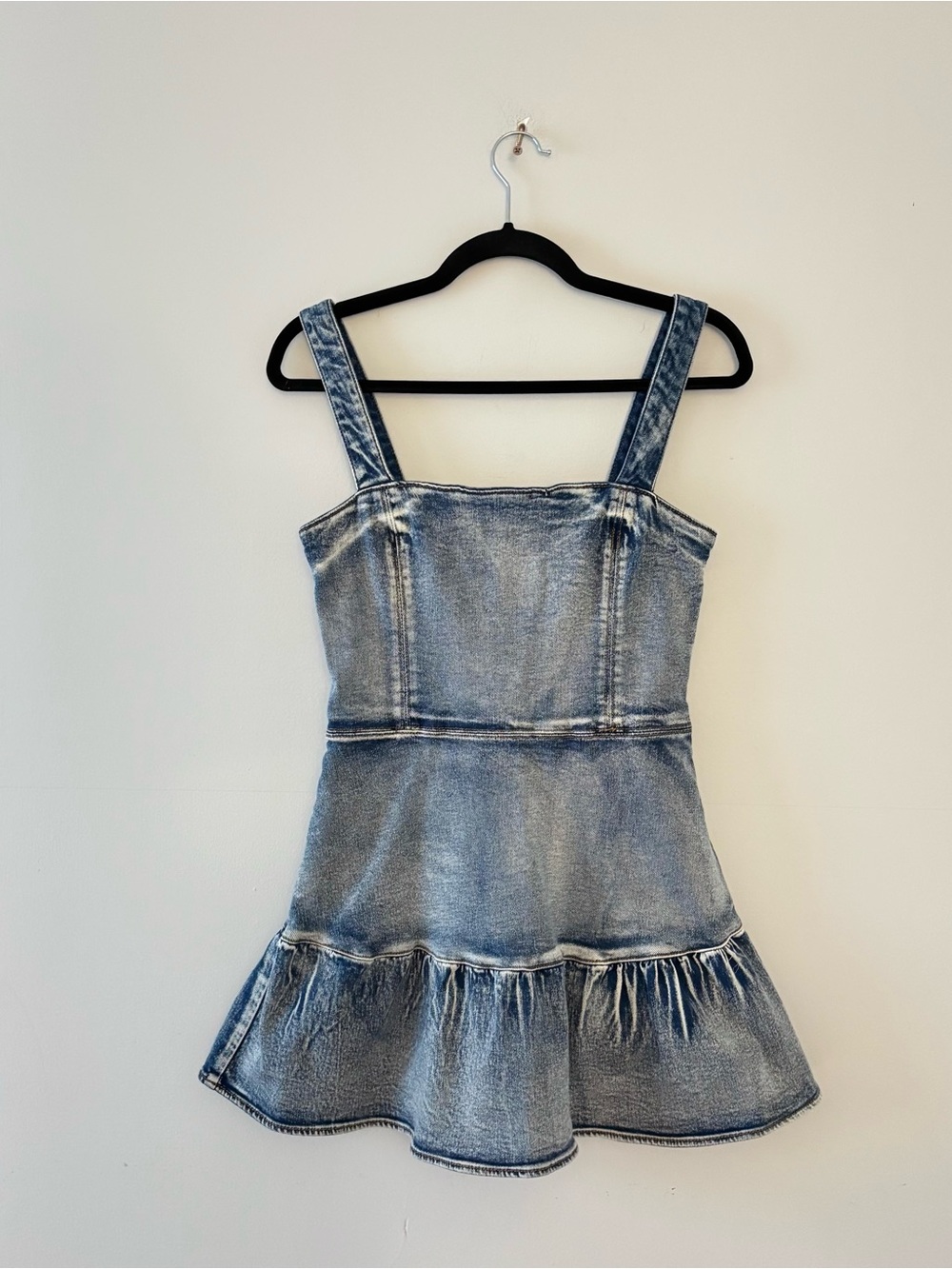 Amanda Uprichard Piper Romper in Denim Mini Dress Square Neckline Stretch Jean - Picture 3 of 7